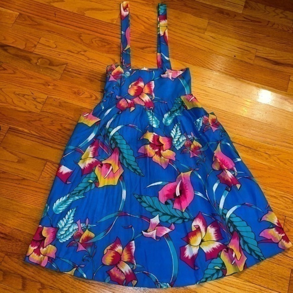 Vtg Handmade Skirt Apron Sheer Overall Hi Waist Floral w/ Button Straps Pockets